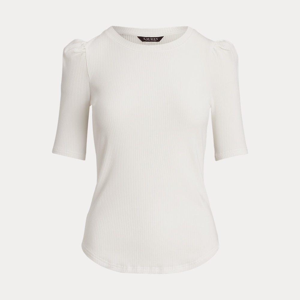 Shop Laurèn Cotton-blend Rib-knit Puff-sleeve Tee In White