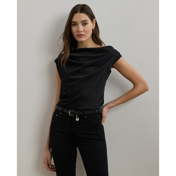 Delicate pleating enhances the graceful off-the-shoulder silhouette of this blouse, which is rendered in satin charmeuse for a beautiful sheen and a fluid drape.