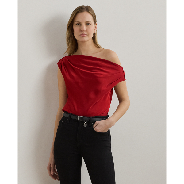 Delicate pleating enhances the graceful off-the-shoulder silhouette of this blouse, which is rendered in satin charmeuse for a beautiful sheen and a fluid drape.