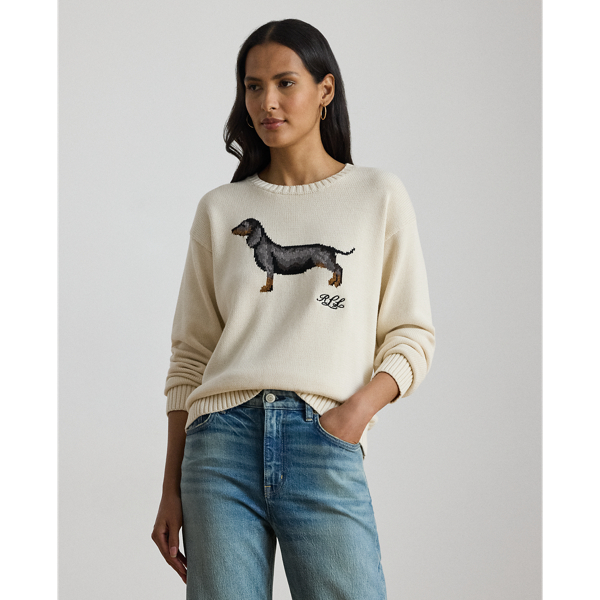 Knit from combed cotton for a soft hand, this crewneck jumper is intarsia-knit with an adorable dachshund and embroidered with a script “LRL” logo on the chest. A relaxed-fitting silhouette and dropped shoulders enhance its cosy feel.