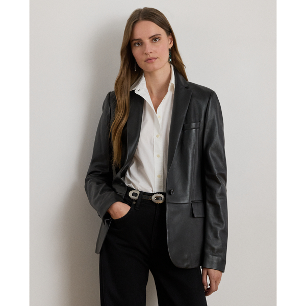 A luxurious layer for cooler days, this blazer is crafted from sumptuous lambskin leather, which offers a hint of stretch for ease of movement. Shoulder pads, princess seams and waist darts enhance its streamlined silhouette, while "Lauren  Ralph Lauren Lauren"-engraved horn-effect buttons add signature style.