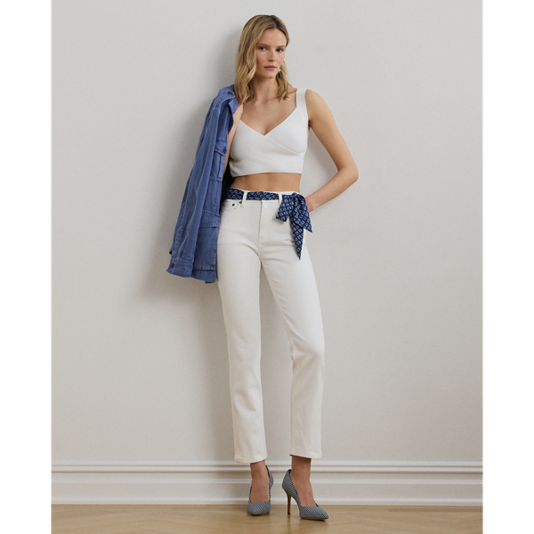 Made with comfortable white-wash denim, these straight ankle jeans are cut for a flattering high rise.