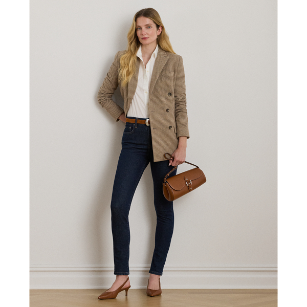 Crafted from dark-wash denim, these high-rise skinny ankle jeans are designed with just enough stretch for a relaxed fit and feel.