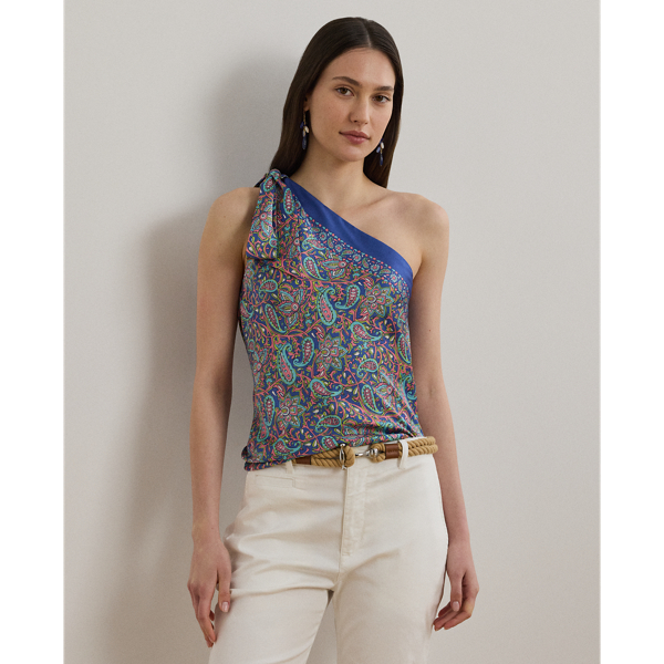 Smooth twill brings a beautiful sheen and a fluid drape to this one-shoulder blouse, which showcases the season's colourful paisley print. Self-ties form a bow on the shoulder for a feminine finishing touch.