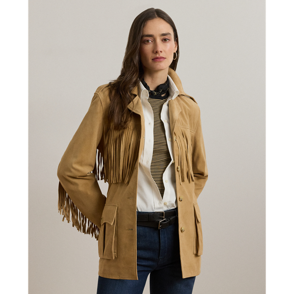 Fluid fringe trim brings a Western-inspired sensibility to this luxurious jacket, which is tailored from velvety soft goat suede. Buttoned shoulder epaulettes, a belted waist and signature horn-effect buttons complete the look.