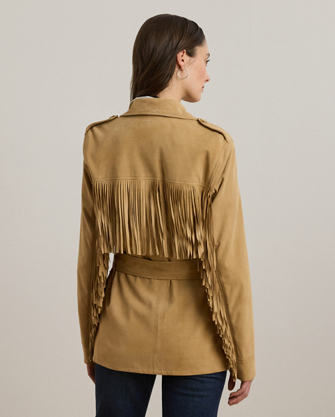 Fluid fringe trim brings a Western-inspired sensibility to this luxurious jacket, which is tailored from velvety soft goat suede. Buttoned shoulder epaulettes, a belted waist and signature horn-effect buttons complete the look.
