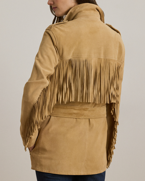 Fluid fringe trim brings a Western-inspired sensibility to this luxurious jacket, which is tailored from velvety soft goat suede. Buttoned shoulder epaulettes, a belted waist and signature horn-effect buttons complete the look.