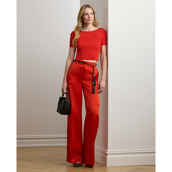 Lauren Ralph Lauren Lauren reimagines the essential cargo trouser in a floor-length wide-leg silhouette and glossy satin charmeuse construction. Crisp creases and back waist darts add a tailored finish.