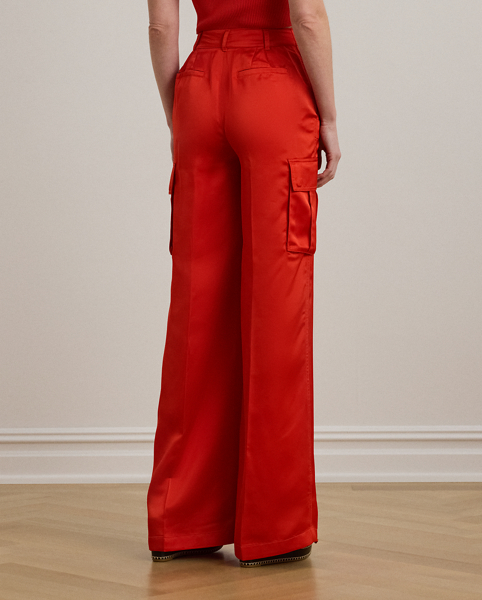 Lauren Ralph Lauren Lauren reimagines the essential cargo trouser in a floor-length wide-leg silhouette and glossy satin charmeuse construction. Crisp creases and back waist darts add a tailored finish.