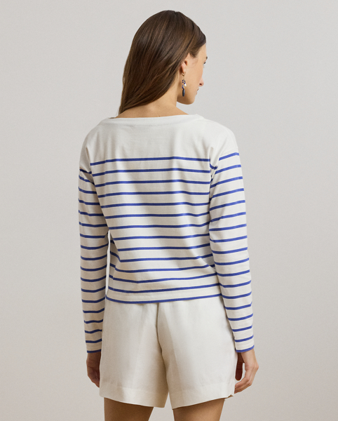 Yarn-dyed horizontal stripes punctuate the relaxed-fitting silhouette of this boatneck top, which is made with breathable cotton jersey for a soft hand feel. Lauren's signature embroidered logo on the hem completes the look.