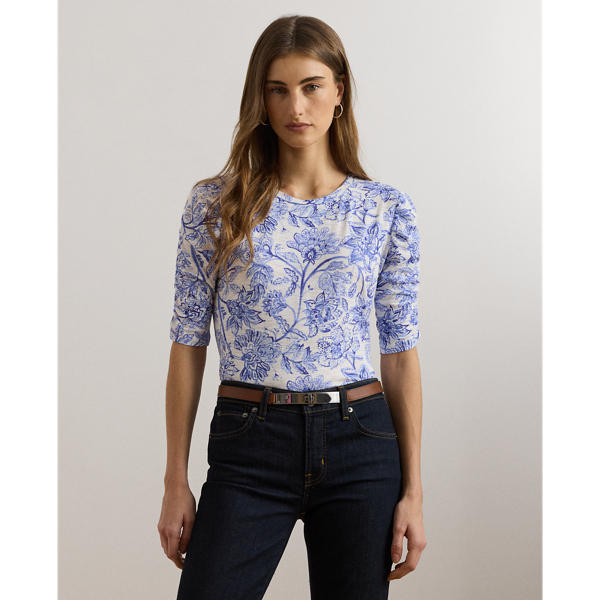 Soft slub cotton jersey brings subtle texture to this T-shirt, which is designed with elegant ruching on its elbow-length sleeves. Embroidered with Lauren's signature logo on the hem, this version depicts a blue-and-white floral motif rendered in the style of an ink sketch.