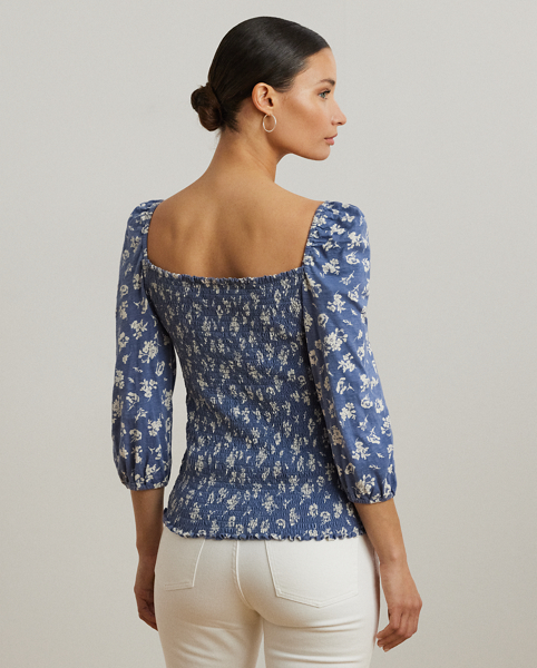 Made with soft cotton slub jersey, this puff-sleeve top exudes romance with its sweetheart neckline, two-tone floral motif and smocking at the back bodice.