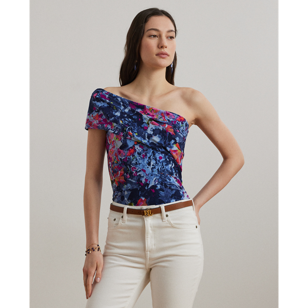 Make a statement in this one-shoulder top, which is crafted with stretch-infused jersey printed with a painterly abstract motif.