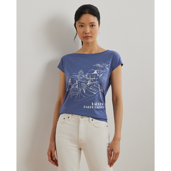 This breathable cotton-blend jersey T-shirt features a Santorini-inspired coastal landscape motif, which is rendered in the style of an ink sketch.