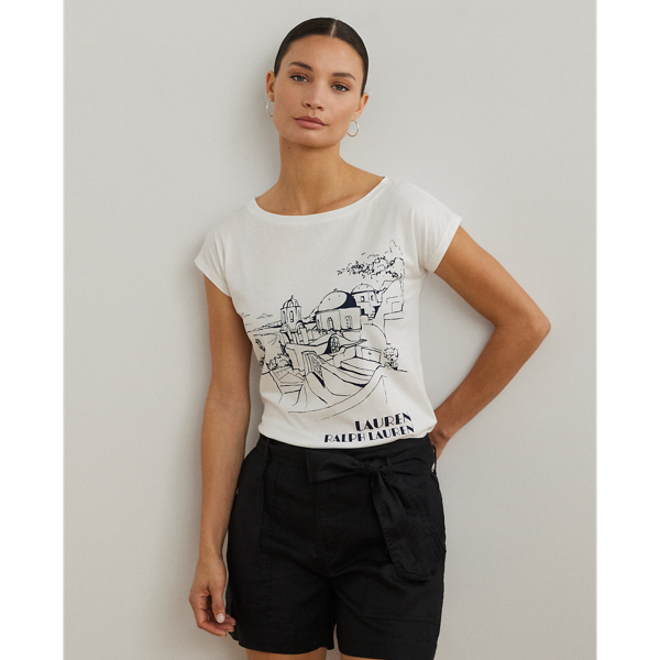This breathable cotton-blend jersey T-shirt features a Santorini-inspired coastal landscape motif, which is rendered in the style of an ink sketch.