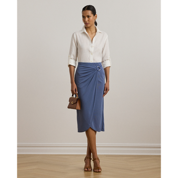 Crafted with soft stretch jersey, this midi-length pencil skirt features a pleated wrap-style overlay that gathers into an "LRL Lauren Ralph Lauren Lauren"-engraved metal O-ring at the waist.