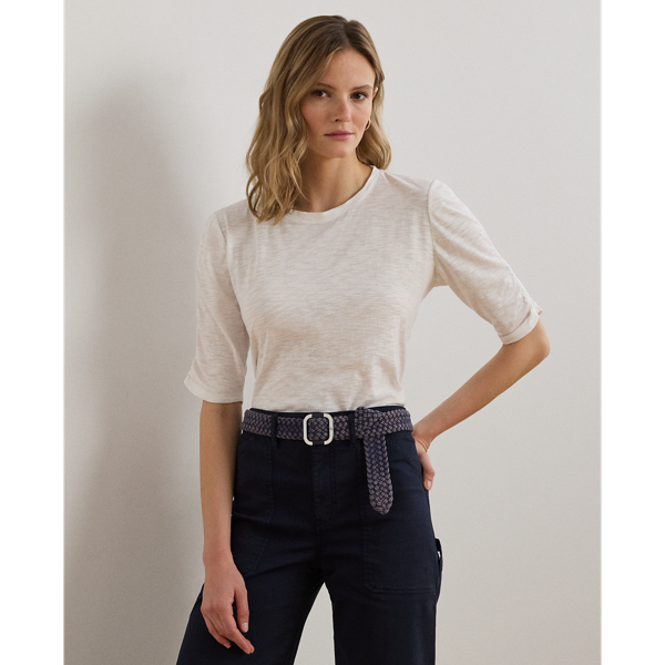 Soft slub cotton jersey brings subtle texture to this T-shirt, which is designed with elegant ruching on its elbow-length sleeves. An "LRL"-embroidered logo punctuates the hem for a signature finish.