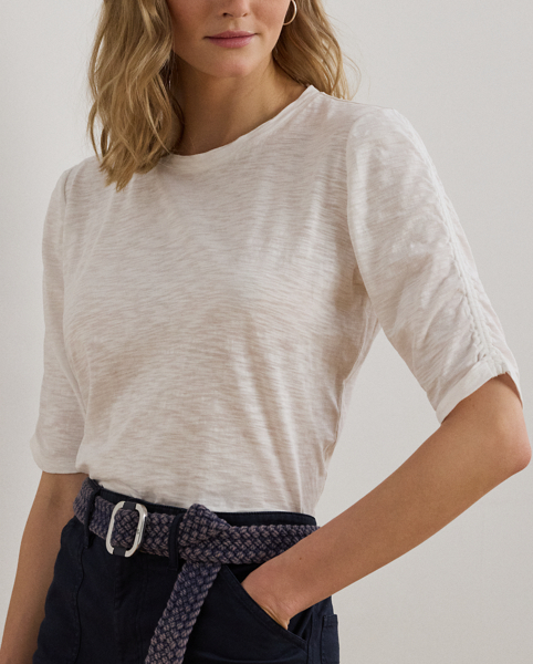 Soft slub cotton jersey brings subtle texture to this T-shirt, which is designed with elegant ruching on its elbow-length sleeves. An "LRL"-embroidered logo punctuates the hem for a signature finish.