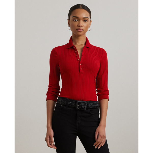 This version of Lauren  Ralph Lauren Lauren's quintessential Polo shirt features three-quarter-length sleeves and a rib-knit construction for rich dimension. "LRL"-engraved imitation shell buttons add a signature finish.