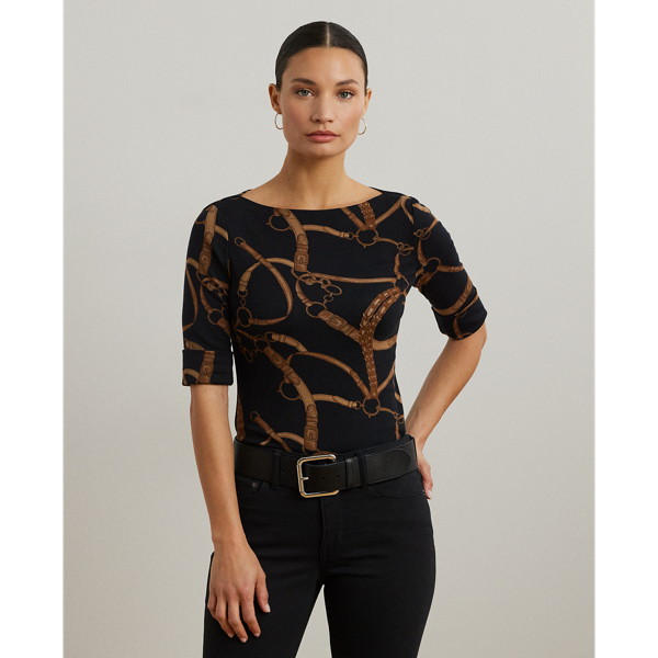 Showcasing Lauren Ralph Lauren Lauren's iconic, equestrian-inspired belting print, this boatneck tee is made with breathable stretch cotton for a soft hand. An “LRL”-embroidered logo on the hem adds a subtle signature finish.