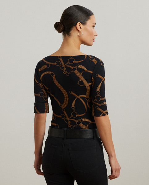 Showcasing Lauren Ralph Lauren Lauren's iconic, equestrian-inspired belting print, this boatneck tee is made with breathable stretch cotton for a soft hand. An “LRL”-embroidered logo on the hem adds a subtle signature finish.