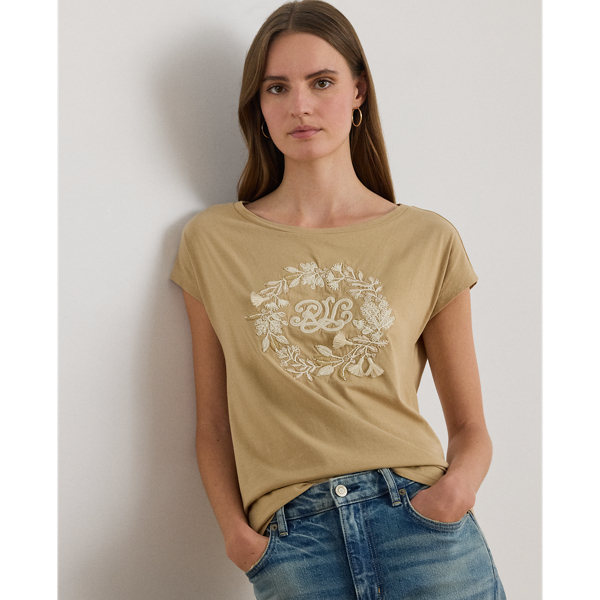 Floral embroidery and Lauren's signature logo centre this boatneck tee, which is made with breathable cotton jersey for a soft feel.