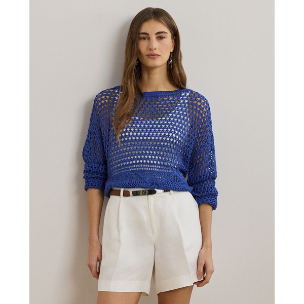 Spun with a lightweight linen-blend yarn, this boatneck jumper is pointelle-knit to create a dimensional, open-worked pattern.