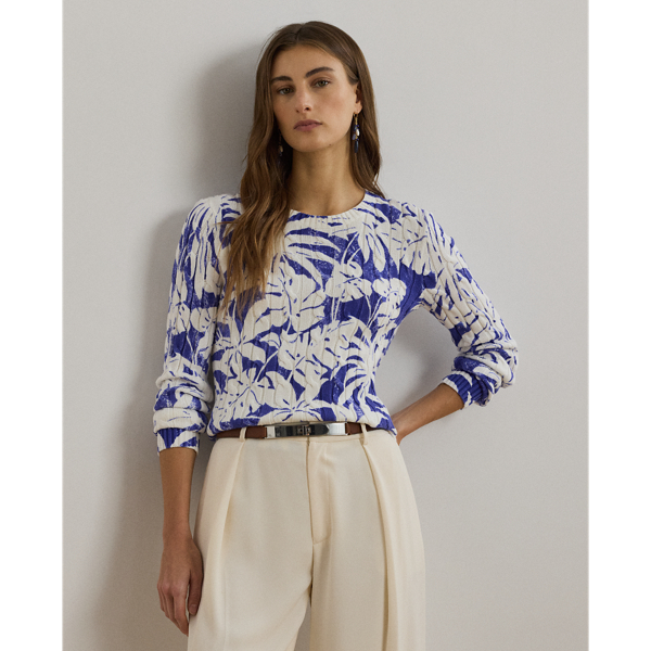 A timeless cable-knit pattern brings texture and dimension to this combed cotton jumper, which depicts a palm-frond print in hues of white and blue.