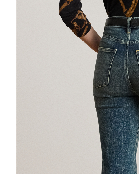 Cut for a leg-lengthening flared silhouette, these high-rise jeans are made from denim that offers just enough stretch for a relaxed fit and feel. Intentional whiskering and fading details add vintage-inspired character.