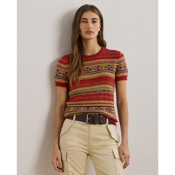 Showcasing a refined geometric striped pattern, this jumper is an essential transitional dressing piece with its short-sleeve design and lightweight cotton-and-linen fabrication.