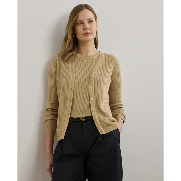 Crafted from a lightweight linen blend, this essential V-neck cardigan is rib-knit for rich dimension. "Lauren Ralph Lauren Lauren"-engraved imitation pearl buttons add a signature finish.