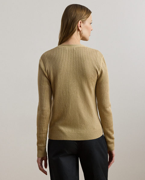 Crafted from a lightweight linen blend, this essential V-neck cardigan is rib-knit for rich dimension. "Lauren Ralph Lauren Lauren"-engraved imitation pearl buttons add a signature finish.