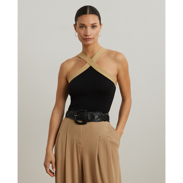 Modern sophistication defines this cotton-blend jumper tank top, which features a crisscross halter-style neckline, a two-tone design and a slim silhouette.