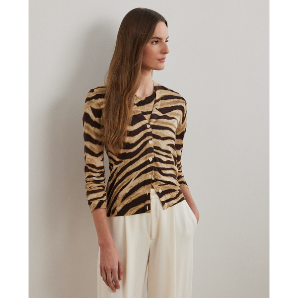 Crafted from a lightweight blend of linen and cotton for a soft hand feel, this V-neck cardigan showcases an eye-catching zebra print.