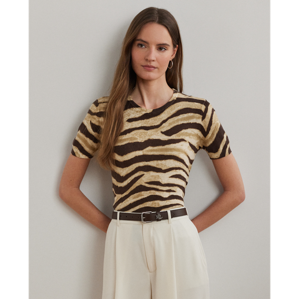 Perfect for transitional dressing thanks to its short-sleeve design and lightweight linen-and-cotton fabrication, this jumper is enlivened by the season's eye-catching zebra motif.