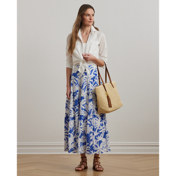Showcasing the season's palm-frond print in hues of white and blue, this A-line skirt unites lightweight cotton voile with a tiered construction for effortless movement with each step.