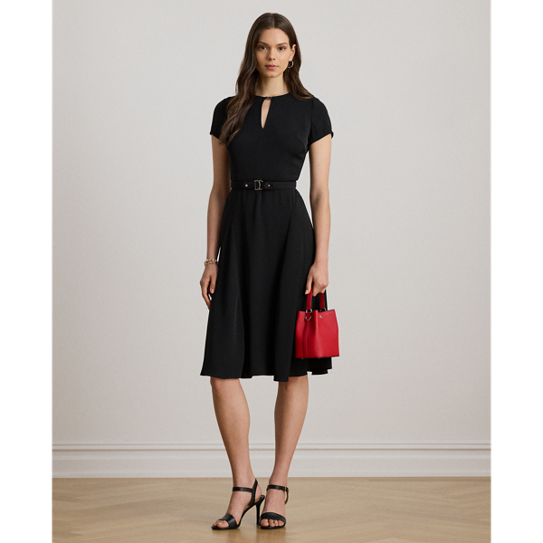 Detailed with a signature plaque on the neck, this fit-and-flare dress is rendered in silky georgette for a luxurious hand and sweeping movement. A faux-leather "LRL"-engraved buckled self-belt completes the look.