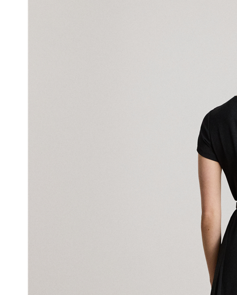 Detailed with a signature plaque on the neck, this fit-and-flare dress is rendered in silky georgette for a luxurious hand and sweeping movement. A faux-leather "LRL"-engraved buckled self-belt completes the look.