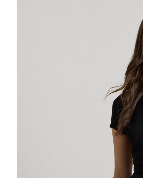 Detailed with a signature plaque on the neck, this fit-and-flare dress is rendered in silky georgette for a luxurious hand and sweeping movement. A faux-leather "LRL"-engraved buckled self-belt completes the look.