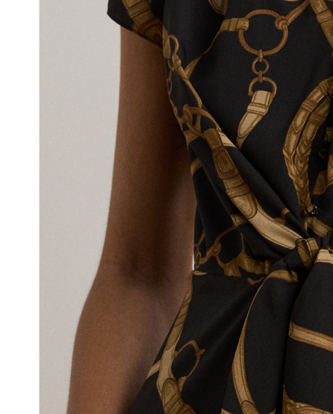 Showcasing the season's equestrian-inspired belting print, this short-sleeve dress is enhanced with shoulder pleats and a tie-front detail on the waist. This style's fit-and-flare silhouette is rendered in smooth crepe-de-chine for a graceful drape.