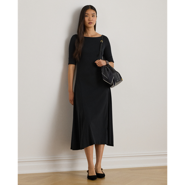 An enduring wardrobe essential, this boatneck midi dress with elbow-length sleeves is rib-knit with breathable stretch cotton for a comfortable fit and feel.