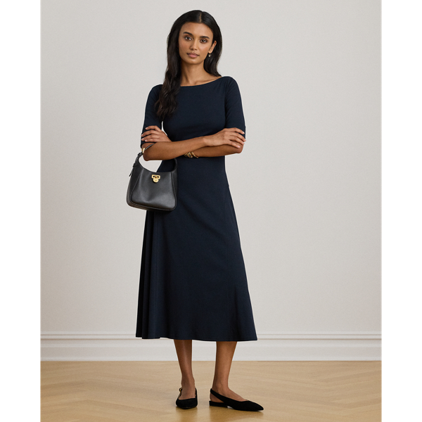 An enduring wardrobe essential, this boatneck midi dress with elbow-length sleeves is rib-knit with breathable stretch cotton for a comfortable fit and feel.