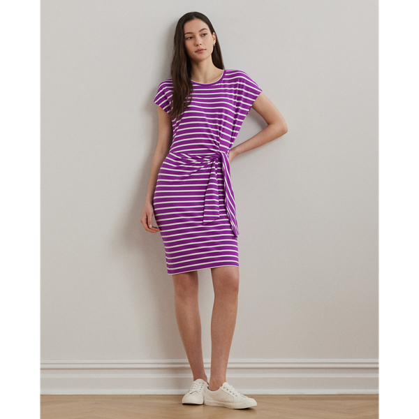 Made with soft cotton-blend jersey, this effortless short-sleeve dress is characterised by a tie-front accent at the waist and yarn-dyed horizontal stripes.