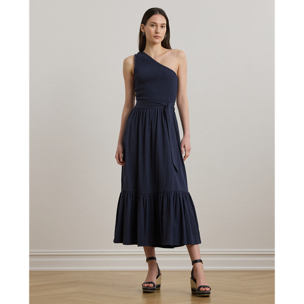 Made with soft, cotton-blend slub jersey, this dress unites a smocked one-shoulder bodice with a fluid tiered skirt. Cut for a midi length, this elegant style is finished with a coordinating self-belt that accentuates the waist.