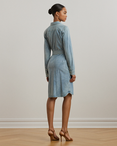 Tailored from light-wash right-hand-twill denim, this version of Lauren Ralph Lauren Lauren's signature belted shirtdress strikes the perfect balance between effortless and sophisticated.
