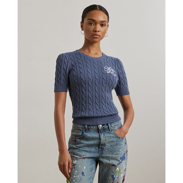 Cable-knit with combed cotton for an inviting texture and a soft hand feel, this short-sleeve jumper is designed with feminine puffed sleeves and a script "LRL"-embroidered logo at the chest.