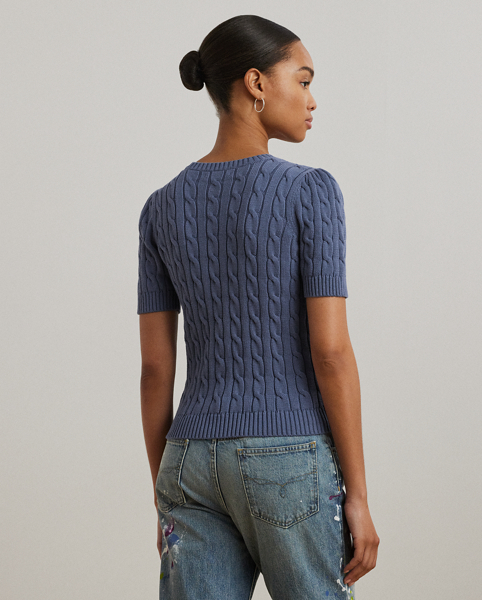 Cable-knit with combed cotton for an inviting texture and a soft hand feel, this short-sleeve jumper is designed with feminine puffed sleeves and a script "LRL"-embroidered logo at the chest.