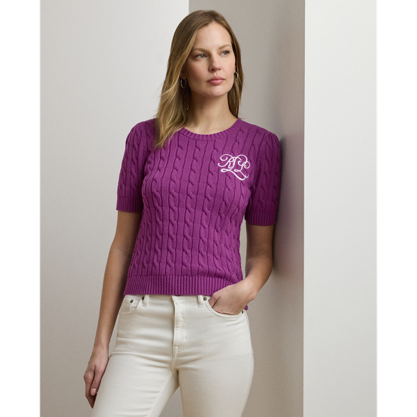 Cable-knit with combed cotton for an inviting texture and a soft hand feel, this short-sleeve jumper is designed with feminine puffed sleeves and a script "LRL"-embroidered logo at the chest.