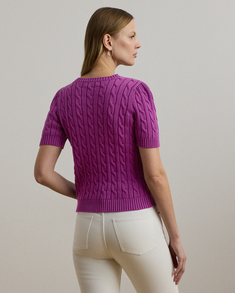 Cable-knit with combed cotton for an inviting texture and a soft hand feel, this short-sleeve jumper is designed with feminine puffed sleeves and a script "LRL"-embroidered logo at the chest.