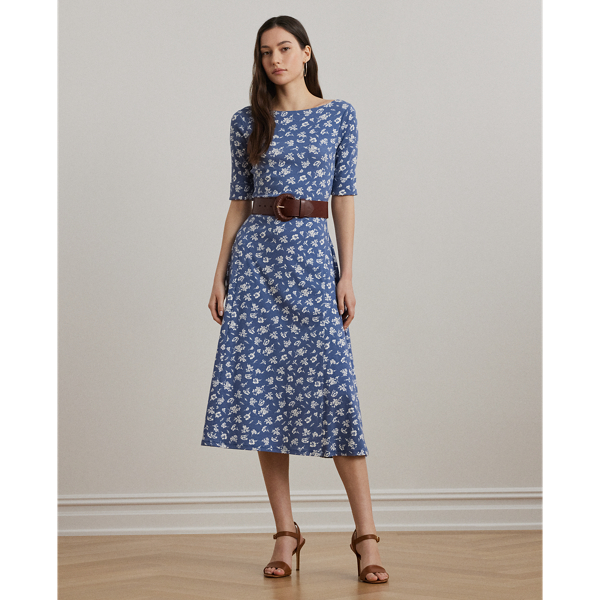 Refreshed with an enchanting, two-tone floral motif, this boatneck midi dress with elbow-length sleeves is crafted from breathable stretch cotton for a comfortable fit and feel.